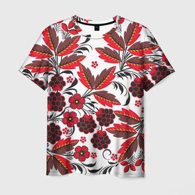 Мужская футболка 3D с принтом Хохлома в Кировске, 100% полиэфир | прямой крой, круглый вырез горловины, длина до линии бедер | арт | белый | вектор | красный | народный рисунок | рисунок | хохлома | цветок | цветы | чёрный | ягода | ягоды