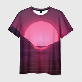 Мужская футболка 3D с принтом Фиолетовый закат в Кировске, 100% полиэфир | прямой крой, круглый вырез горловины, длина до линии бедер | кибер закат