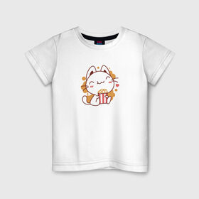 Детская футболка хлопок с принтом Поп-корн и кот в Кировске, 100% хлопок | круглый вырез горловины, полуприлегающий силуэт, длина до линии бедер | Тематика изображения на принте: popcorn | кино | кот | кошка | поп корн | попкорн