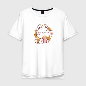 Мужская футболка хлопок Oversize с принтом Поп-корн и кот в Кировске, 100% хлопок | свободный крой, круглый ворот, “спинка” длиннее передней части | popcorn | кино | кот | кошка | поп корн | попкорн