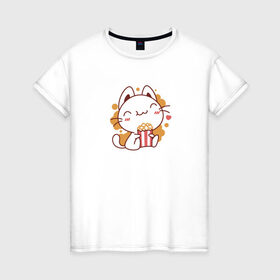 Женская футболка хлопок с принтом Поп-корн и кот в Кировске, 100% хлопок | прямой крой, круглый вырез горловины, длина до линии бедер, слегка спущенное плечо | popcorn | кино | кот | кошка | поп корн | попкорн