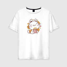 Женская футболка хлопок Oversize с принтом Поп-корн и кот в Кировске, 100% хлопок | свободный крой, круглый ворот, спущенный рукав, длина до линии бедер
 | popcorn | кино | кот | кошка | поп корн | попкорн
