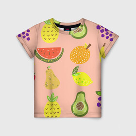 Детская футболка 3D с принтом Фруктики в Кировске, 100% гипоаллергенный полиэфир | прямой крой, круглый вырез горловины, длина до линии бедер, чуть спущенное плечо, ткань немного тянется | авокадо | ананас | апельсин | арбуз | виноград | груша | лимон | фрукт