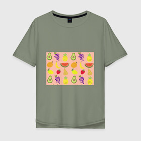 Мужская футболка хлопок Oversize с принтом Фруктики в Кировске, 100% хлопок | свободный крой, круглый ворот, “спинка” длиннее передней части | Тематика изображения на принте: авокадо | ананас | апельсин | арбуз | виноград | груша | лимон | фрукт