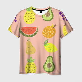 Мужская футболка 3D с принтом Фруктики в Кировске, 100% полиэфир | прямой крой, круглый вырез горловины, длина до линии бедер | Тематика изображения на принте: авокадо | ананас | апельсин | арбуз | виноград | груша | лимон | фрукт