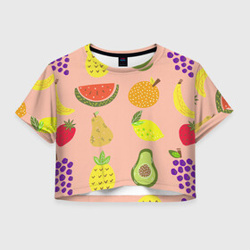 Женская футболка Crop-top 3D с принтом Фруктики в Кировске, 100% полиэстер | круглая горловина, длина футболки до линии талии, рукава с отворотами | авокадо | ананас | апельсин | арбуз | виноград | груша | лимон | фрукт