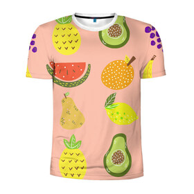 Мужская футболка 3D спортивная с принтом Фруктики в Кировске, 100% полиэстер с улучшенными характеристиками | приталенный силуэт, круглая горловина, широкие плечи, сужается к линии бедра | авокадо | ананас | апельсин | арбуз | виноград | груша | лимон | фрукт