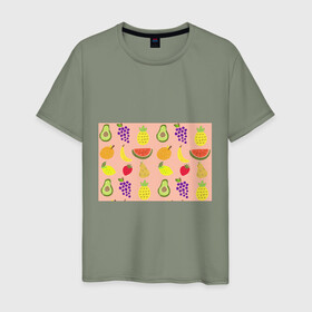 Мужская футболка хлопок с принтом Фруктики в Кировске, 100% хлопок | прямой крой, круглый вырез горловины, длина до линии бедер, слегка спущенное плечо. | авокадо | ананас | апельсин | арбуз | виноград | груша | лимон | фрукт