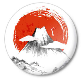 Значок с принтом Гора Фудзи в Кировске,  металл | круглая форма, металлическая застежка в виде булавки | азия | аниме | гора | гора фудзи | кимоно | китай | манга | сакура | суши | фудзияма | цунами | япония