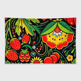 Флаг-баннер с принтом Хохлома в Кировске, 100% полиэстер | размер 67 х 109 см, плотность ткани — 95 г/м2; по краям флага есть четыре люверса для крепления | арт | вектор | желтый | зеленый | золотой | клубника | клюква | красный | малина | народный рисунок | рисунок | хохлома | цветок | цветы | чёрный | ягода | ягоды