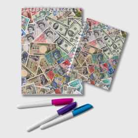 Блокнот с принтом Деньги в Кировске, 100% бумага | 48 листов, плотность листов — 60 г/м2, плотность картонной обложки — 250 г/м2. Листы скреплены удобной пружинной спиралью. Цвет линий — светло-серый
 | арт | банкноты | валюта | деньги | доллары | зеленый | иена | красный | серый | синий | фунт стерлингов | юани