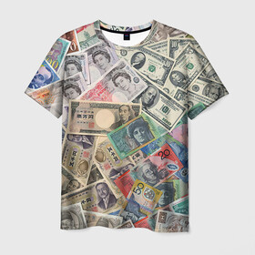 Мужская футболка 3D с принтом Деньги в Кировске, 100% полиэфир | прямой крой, круглый вырез горловины, длина до линии бедер | арт | банкноты | валюта | деньги | доллары | зеленый | иена | красный | серый | синий | фунт стерлингов | юани