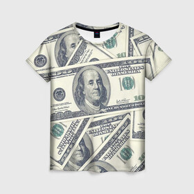 Женская футболка 3D с принтом Доллары в Кировске, 100% полиэфир ( синтетическое хлопкоподобное полотно) | прямой крой, круглый вырез горловины, длина до линии бедер | Тематика изображения на принте: 100 долларов | арт | банкноты | валюта | деньги | доллары | зеленый | зелень | сто | сто долларов