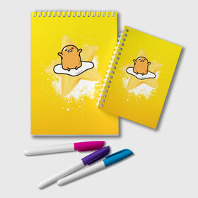 Блокнот с принтом Gudetama в Кировске, 100% бумага | 48 листов, плотность листов — 60 г/м2, плотность картонной обложки — 250 г/м2. Листы скреплены удобной пружинной спиралью. Цвет линий — светло-серый
 | Тематика изображения на принте: gudetama | анимешное яйцо | гудетама | желток | стекающее яйцо | яичница