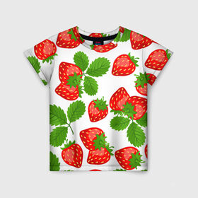 Детская футболка 3D с принтом Клубника в Кировске, 100% гипоаллергенный полиэфир | прямой крой, круглый вырез горловины, длина до линии бедер, чуть спущенное плечо, ткань немного тянется | арт | белый | зеленый | клубника | красный | листва | листья | растение | рисунок | ягоды