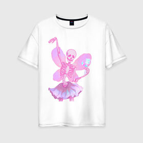 Женская футболка хлопок Oversize с принтом жизнерадостный скелет в Кировске, 100% хлопок | свободный крой, круглый ворот, спущенный рукав, длина до линии бедер
 | веселый | крылья | магия | пастель | позитив | розовый | скелет | скелетон | фея