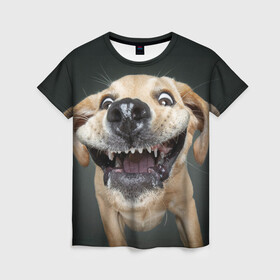 Женская футболка 3D с принтом Улыбающаяся Собака в Кировске, 100% полиэфир ( синтетическое хлопкоподобное полотно) | прямой крой, круглый вырез горловины, длина до линии бедер | dog | зубы | лапы | мем | пес | прикол | слюни | смешные животные | собака | собачка | улыбающаяся собака | улыбка | щенок | юмор | язык