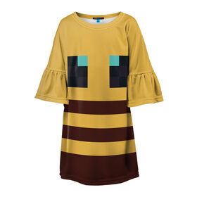 Детское платье 3D с принтом Minecraft Bee в Кировске, 100% полиэстер | прямой силуэт, чуть расширенный к низу. Круглая горловина, на рукавах — воланы | Тематика изображения на принте: bee | minecraft | майнкрафт | пчела | пчёлка | пчелобав