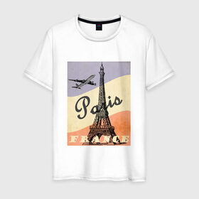 Мужская футболка хлопок с принтом Paris/Париж в Кировске, 100% хлопок | прямой крой, круглый вырез горловины, длина до линии бедер, слегка спущенное плечо. | airplane | city | elf tower | flag | france | illustration | landmark | paris | tower | башня | город | достопримечательность | иллюстрация | париж | самолёт | флаг | флаг франции | франция | эльфивая башня