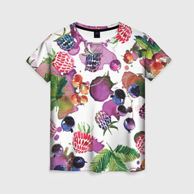 Женская футболка 3D с принтом Ягоды в Кировске, 100% полиэфир ( синтетическое хлопкоподобное полотно) | прямой крой, круглый вырез горловины, длина до линии бедер | арт | зеленый | краска | краски | красный | листок | листья | малина | пятна | пятна краски | растение | рисунок | синий | тёмный | фиолетовый | чёрная малина | черника