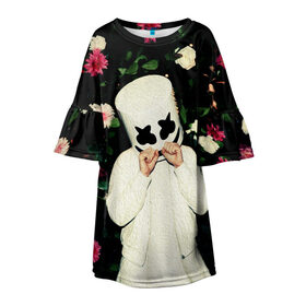 Детское платье 3D с принтом MARSHMELLO в Кировске, 100% полиэстер | прямой силуэт, чуть расширенный к низу. Круглая горловина, на рукавах — воланы | fortnite | marshmallo | marshmallow | marshmello | marshmellow | маршмелло | маршмеллоу | розы | фортнайт