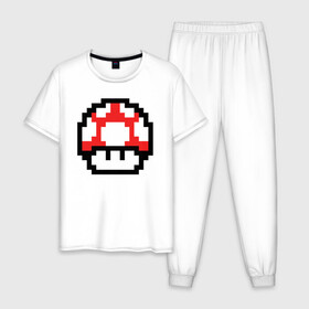 Мужская пижама хлопок с принтом Гриб Марио в Кировске, 100% хлопок | брюки и футболка прямого кроя, без карманов, на брюках мягкая резинка на поясе и по низу штанин
 | 8 bit | 8 бит | 8bit | 8бит | art | dendy | mario | mushroom | pixel | super | арт | гриб | денди | марио | пиксель | супер