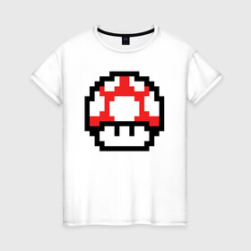 Женская футболка хлопок с принтом Гриб Марио в Кировске, 100% хлопок | прямой крой, круглый вырез горловины, длина до линии бедер, слегка спущенное плечо | 8 bit | 8 бит | 8bit | 8бит | art | dendy | mario | mushroom | pixel | super | арт | гриб | денди | марио | пиксель | супер