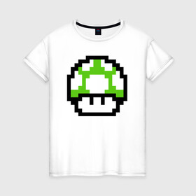 Женская футболка хлопок с принтом Гриб Марио в Кировске, 100% хлопок | прямой крой, круглый вырез горловины, длина до линии бедер, слегка спущенное плечо | 8 bit | 8 бит | 8bit | 8бит | art | dendy | mario | mushroom | pixel | super | арт | гриб | денди | марио | пиксель | супер