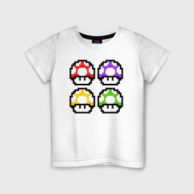 Детская футболка хлопок с принтом Грибы Марио в Кировске, 100% хлопок | круглый вырез горловины, полуприлегающий силуэт, длина до линии бедер | 8 bit | 8 бит | 8bit | 8бит | art | dendy | mario | mushroom | pixel | super | арт | гриб | денди | марио | пиксель | супер