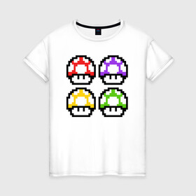 Женская футболка хлопок с принтом Грибы Марио в Кировске, 100% хлопок | прямой крой, круглый вырез горловины, длина до линии бедер, слегка спущенное плечо | 8 bit | 8 бит | 8bit | 8бит | art | dendy | mario | mushroom | pixel | super | арт | гриб | денди | марио | пиксель | супер