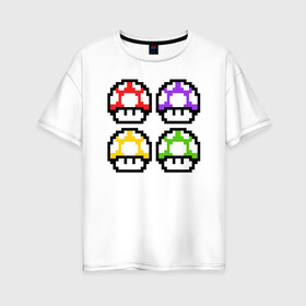 Женская футболка хлопок Oversize с принтом Грибы Марио в Кировске, 100% хлопок | свободный крой, круглый ворот, спущенный рукав, длина до линии бедер
 | 8 bit | 8 бит | 8bit | 8бит | art | dendy | mario | mushroom | pixel | super | арт | гриб | денди | марио | пиксель | супер