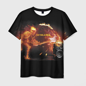Мужская футболка 3D с принтом Metallica в Кировске, 100% полиэфир | прямой крой, круглый вырез горловины, длина до линии бедер | Тематика изображения на принте: fire | flame | guitar | metallica | music | rock | skeleton | skull | trashmetal | гитара | металлика | музыка | огонь | пламя | рок | скелет | череп