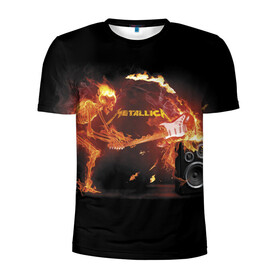 Мужская футболка 3D спортивная с принтом Metallica в Кировске, 100% полиэстер с улучшенными характеристиками | приталенный силуэт, круглая горловина, широкие плечи, сужается к линии бедра | Тематика изображения на принте: fire | flame | guitar | metallica | music | rock | skeleton | skull | trashmetal | гитара | металлика | музыка | огонь | пламя | рок | скелет | череп