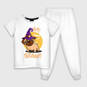 Детская пижама хлопок с принтом Веселого Хэллоуина в Кировске, 100% хлопок |  брюки и футболка прямого кроя, без карманов, на брюках мягкая резинка на поясе и по низу штанин
 | dog | halloween | happy halloween | веселого хэллоуина | зубы | лапы | мем | мопс | мопс в шляпе | пес | прикол | смешные животные | собака | собака в шляпе | хэллоуин | щенок | юмор | язык