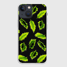 Чехол для iPhone 13 mini с принтом Зеленые листья в Кировске,  |  | defoliation | foliage | leaves | retro | зеленые листья | зелень | лето | листопад | листья | листья деревьев | ночь | паттерн | ретро