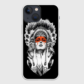 Чехол для iPhone 13 mini с принтом Женщина индеец в Кировске,  |  | девушка индеец | индеец | перья на голове | перья. | татуировки