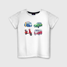 Детская футболка хлопок с принтом машинки акварельные в Кировске, 100% хлопок | круглый вырез горловины, полуприлегающий силуэт, длина до линии бедер | 