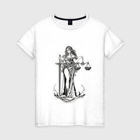 Женская футболка хлопок с принтом Фемида двухсторонняя в Кировске, 100% хлопок | прямой крой, круглый вырез горловины, длина до линии бедер, слегка спущенное плечо | богиня | весы | меч | правосудие | фемида