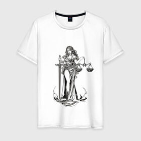 Мужская футболка хлопок с принтом Фемида двухсторонняя в Кировске, 100% хлопок | прямой крой, круглый вырез горловины, длина до линии бедер, слегка спущенное плечо. | богиня | весы | меч | правосудие | фемида