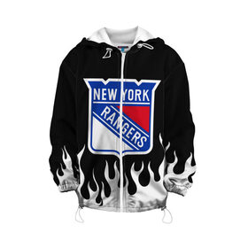 Детская куртка 3D с принтом Нью-Йорк Рейнджерс в Кировске, 100% полиэстер | застежка — молния, подол и капюшон оформлены резинкой с фиксаторами, по бокам — два кармана без застежек, один потайной карман на груди, плотность верхнего слоя — 90 г/м2; плотность флисового подклада — 260 г/м2 | Тематика изображения на принте: hockey | new york | new york rangers | nhl | rangers | usa | нхл | нью йорк | нью йорк рейнджерс | рейнджерс | спорт | сша | хоккей | шайба