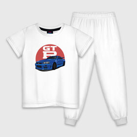 Детская пижама хлопок с принтом Nissan GT-R 34 в Кировске, 100% хлопок |  брюки и футболка прямого кроя, без карманов, на брюках мягкая резинка на поясе и по низу штанин
 | Тематика изображения на принте: drift | gt r 34 | nissan gtr | r34 | skyline
