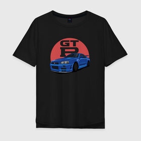 Мужская футболка хлопок Oversize с принтом Nissan GT-R 34 в Кировске, 100% хлопок | свободный крой, круглый ворот, “спинка” длиннее передней части | drift | gt r 34 | nissan gtr | r34 | skyline