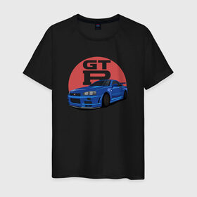 Мужская футболка хлопок с принтом Nissan GT-R 34 в Кировске, 100% хлопок | прямой крой, круглый вырез горловины, длина до линии бедер, слегка спущенное плечо. | Тематика изображения на принте: drift | gt r 34 | nissan gtr | r34 | skyline