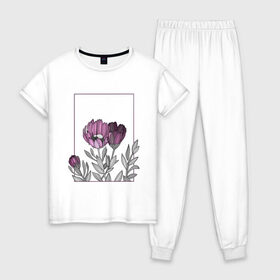 Женская пижама хлопок с принтом Цветы с тонкими линиями в Кировске, 100% хлопок | брюки и футболка прямого кроя, без карманов, на брюках мягкая резинка на поясе и по низу штанин | графика | линии | рамка | растение | ртуть | цветы