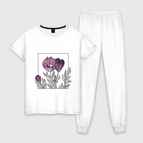 Женская пижама хлопок с принтом Цветы в рамке в Кировске, 100% хлопок | брюки и футболка прямого кроя, без карманов, на брюках мягкая резинка на поясе и по низу штанин | графика | линии | рамка | растение | ртуть | цветы