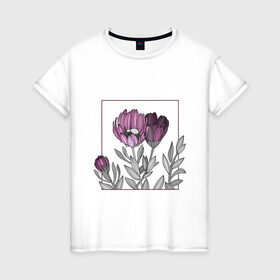 Женская футболка хлопок с принтом Цветы в рамке в Кировске, 100% хлопок | прямой крой, круглый вырез горловины, длина до линии бедер, слегка спущенное плечо | графика | линии | рамка | растение | ртуть | цветы