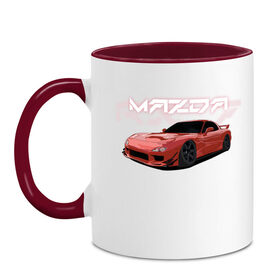 Кружка двухцветная с принтом Mazda RX-7 в Кировске, керамика | объем — 330 мл, диаметр — 80 мм. Цветная ручка и кайма сверху, в некоторых цветах — вся внутренняя часть | drift | mazda | mazda rx7 | rotary | rx 7 | stance