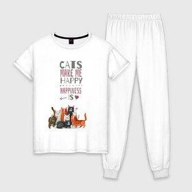 Женская пижама хлопок с принтом Кошки делают меня счастливым в Кировске, 100% хлопок | брюки и футболка прямого кроя, без карманов, на брюках мягкая резинка на поясе и по низу штанин | cat | cats | cats make me happy | happiness is | kitty | животное | животные | звери | зверь | кот | коты | котята | котятки | кошки | кошки делают меня счастливым | мур | надпись | сердечко | сердце | хищники