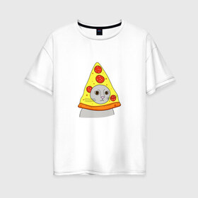 Женская футболка хлопок Oversize с принтом Кот и пицца в Кировске, 100% хлопок | свободный крой, круглый ворот, спущенный рукав, длина до линии бедер
 | еда | животные | кот | кот в пицце | котик | кошка | мем | прикол | смешной | юмор