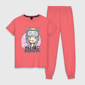 Женская пижама хлопок с принтом Anime Girl в Кировске, 100% хлопок | брюки и футболка прямого кроя, без карманов, на брюках мягкая резинка на поясе и по низу штанин | cartoon | cat | cute | girls | japan | japanese | kawaii | kitty | manga | tsundere | waifu | yandere | аниме | анимэ | вайфу | дандере | девочка | девушка | дередере | кавайная | котик | манга | милая | мультик | мультики | цундере | яндере | 